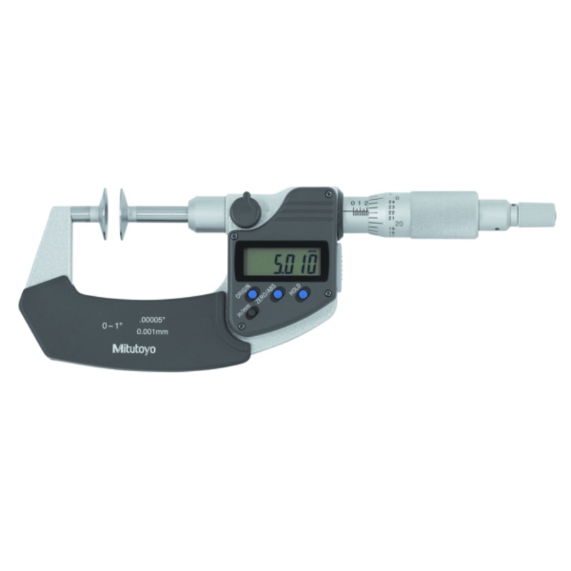 Mitutoyo Digital Disc Micrometer Inch/Metric, 0-1, Non-Rotating Spindle, Disk=20mm 369-350-30 Flat Anvils no Central Recess