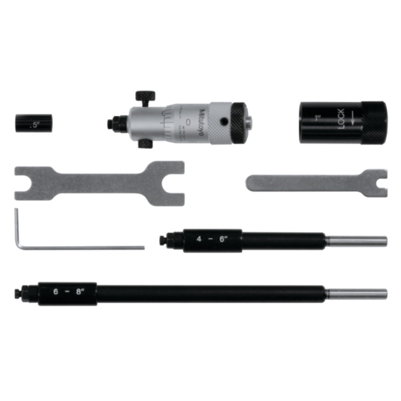 Mitutoyo Inside Micrometer, Interchangeable Rods 2-8, with 3 Rods, Hardened Face 141-208