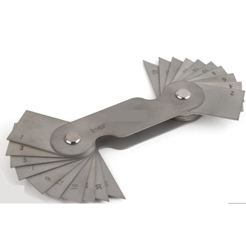 MHC 615-9184 Angle gauge Range : 1-45 degrees Number of blades : 20 Sizes : 1 2 3 4 5 6 7 8 9 10 12 14 16 18 20 25 30 35 40 45 degrees Item number 615-9184