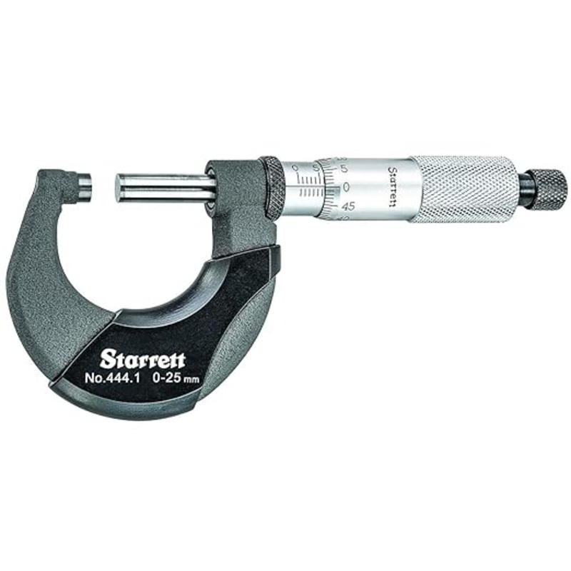 Starrett 444.1MXRL-25 Outside Micrometer, Ratchet Stop, Lock Nut, Carbide Faces, 25 mm Range, 0.01 mm Grad