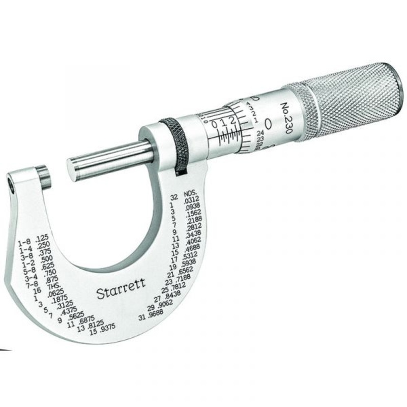 Starrett T230XFL Outside Micrometer includes 0-1 range, friction thimble, lock nut, carbide face, 0-1 Range, .0001 Grad, Carbide Faces, Friction Thimble, Lock Nut.