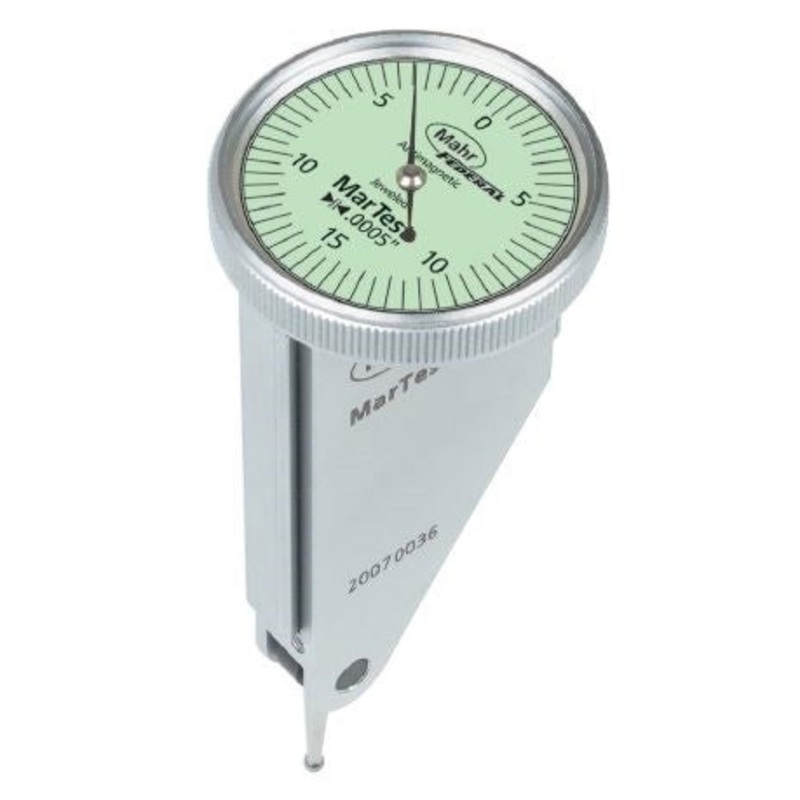Mahr Vertical Test Indicators 4302950, Graduation: 0.0005”, Model: 801V, Range: .030”, Type: Vertical, Face 1.1”, Stylus 0.57”, Force 0.2N