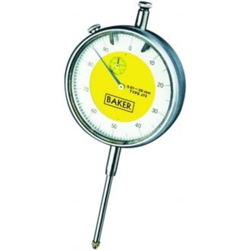 Baker (Mercer Style) Plunger indicator J72, Range 50mm, Graduation .01mm, Reading 0-100, Face 88mm