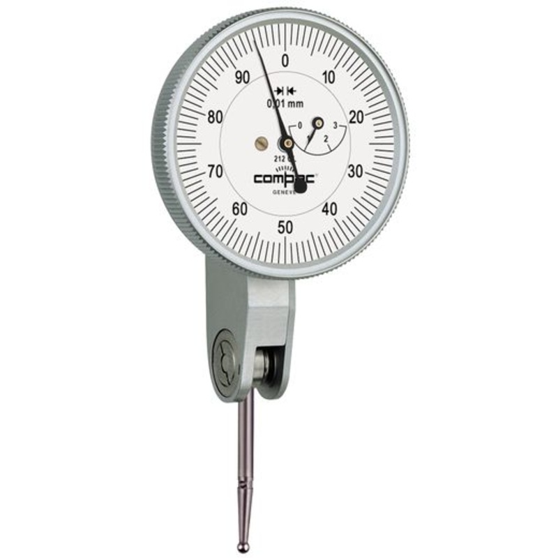 Compac, Brown & Sharpe TESA Long Stylus 212GL Lever Dial Test Indicator, Horizontal Type, M1.6 Thread, 4mm Stem Dia., White Dial, 0-50-100 Reading, 40mm Dial Dia., 0-3mm Range, 0.01mm Graduation, +/-0.026mm Accuracy, Long Stylus 36mm