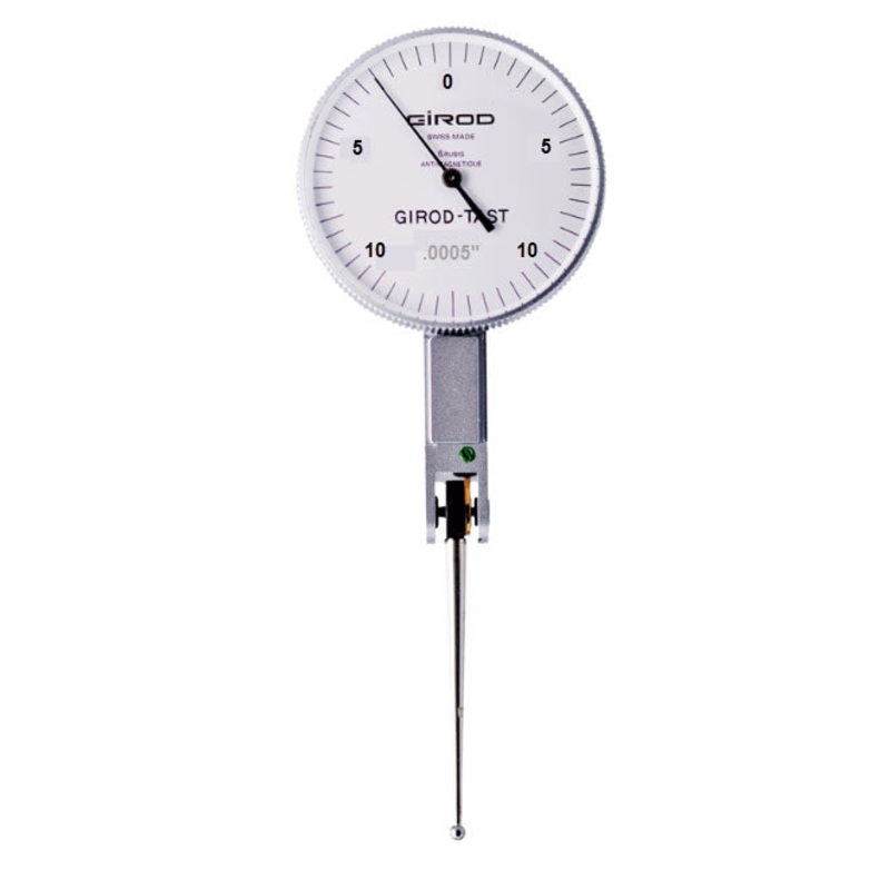 Girod Horizontal Indicator Long Stylus GT 1254A, Graduation: .0005, Range: .020, Reading: 0-10-0, Face 1.1”, Stylus 1.18”, DIN 2270