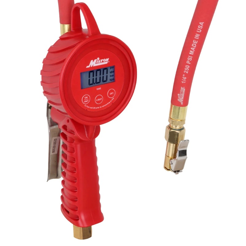 555e Digital Tire Inflator Gauge, used on multiple vehicle types, measures from 5 to 220 PSI, 1 PSI Accuracy