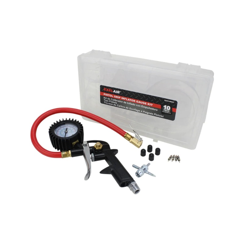 EXELAIR EX0510PKIT Analog Pistol Grip Tire Inflator/Deflator Gauge Kit w/ 13 Air Hose, Easy-Clip Chuck, and Tire Valve Accessories, 150 PSI