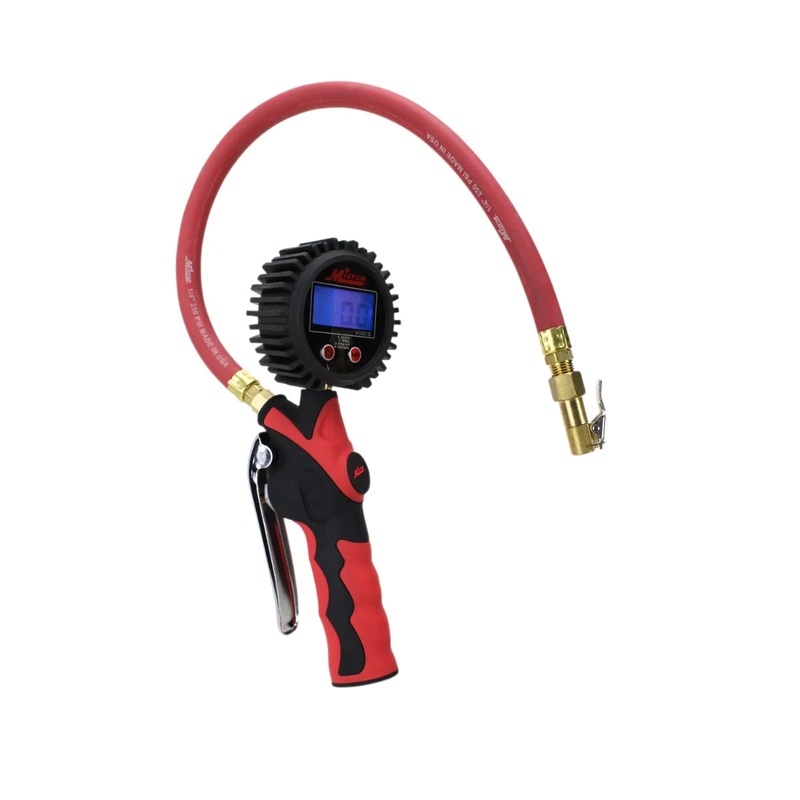 Heavy-Duty Digital Tire Inflator and Air Pressure Gauge, Euro Chuck, 1/4 NPT, 15 Rubber Hose, 0-255 PSI