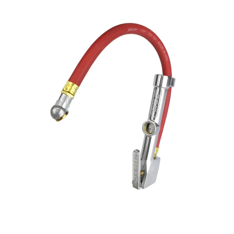 Service Station Tire Inflator and Air Pressure Gauge, Single Head Chuck, 1/4 NPT, 15 Rubber Hose, 10-160 PSI