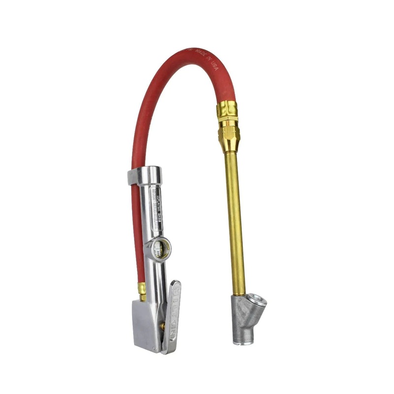 Service Station Tire Inflator and Air Pressure Gauge, Straight Foot Chuck w/ Thread Lock, 1/4 NPT, 15 Rubber Hose, 10-160 PSI