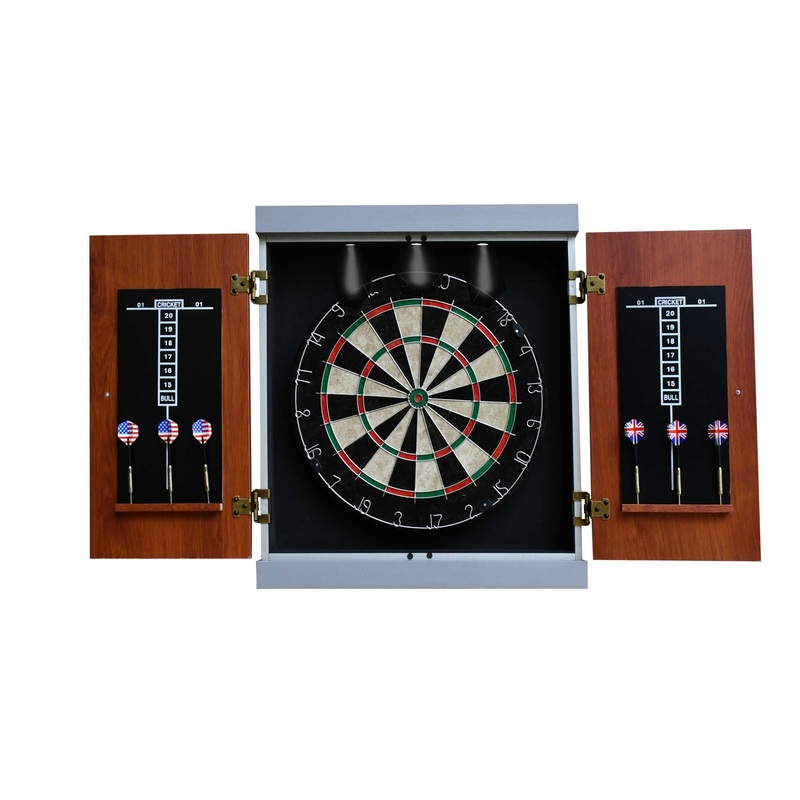 Geneva Bristle Dartboard and Cabinet Set with LED Lighting – Walnut Finish