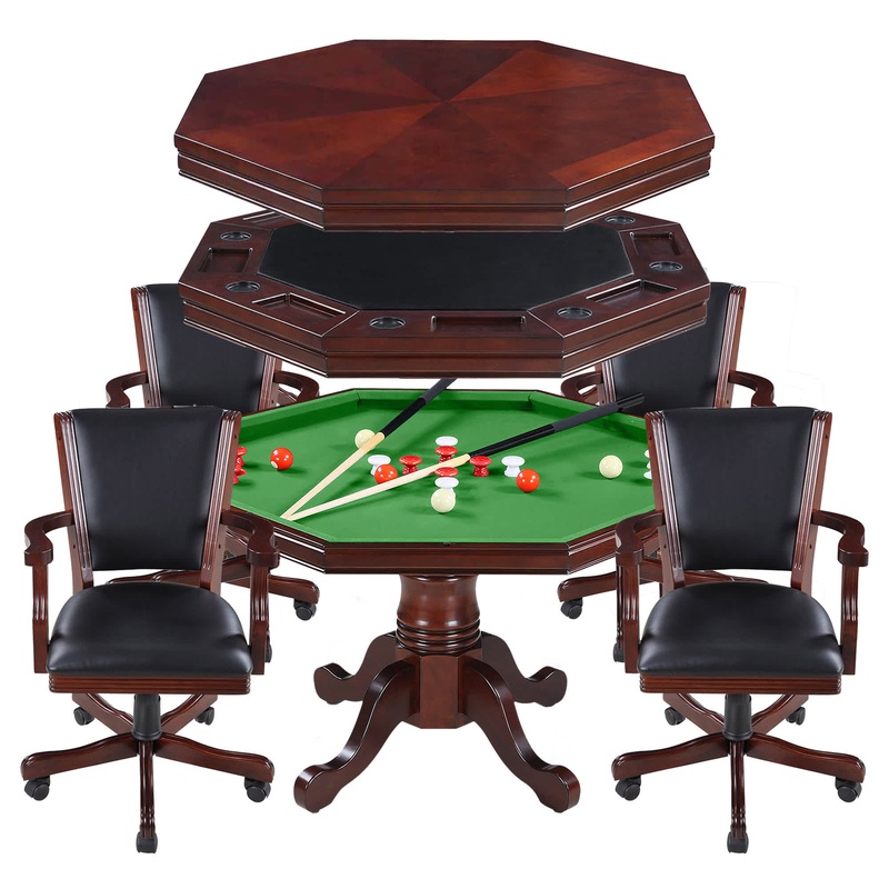 Kingston 48-in Poker Table Combo Set with 4 Arm Chairs – Walnut Finish