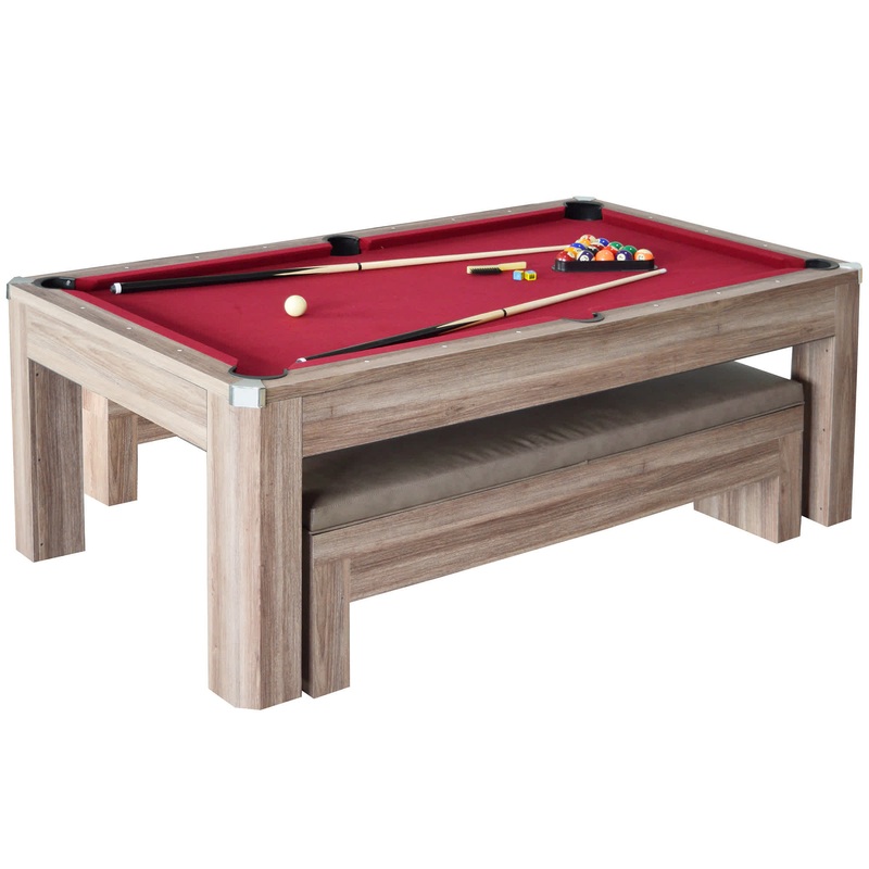 Newport 7-ft Pool Table Combo Set with Benches – Light Oak with Red Felt