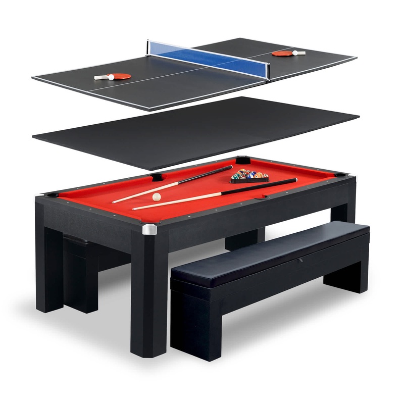 Park Avenue 7-ft Pool Table Combo Set with Benches – Black with Red Felt