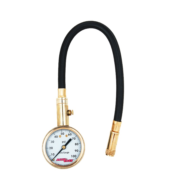 ACCU-GAGE by Milton Dial Tire Pressure Gauge with Straight Air Chuck and 11 in. Braided Hose – ANSI Certified for Motorcycle/Car/Truck Tires (0-100 PSI)