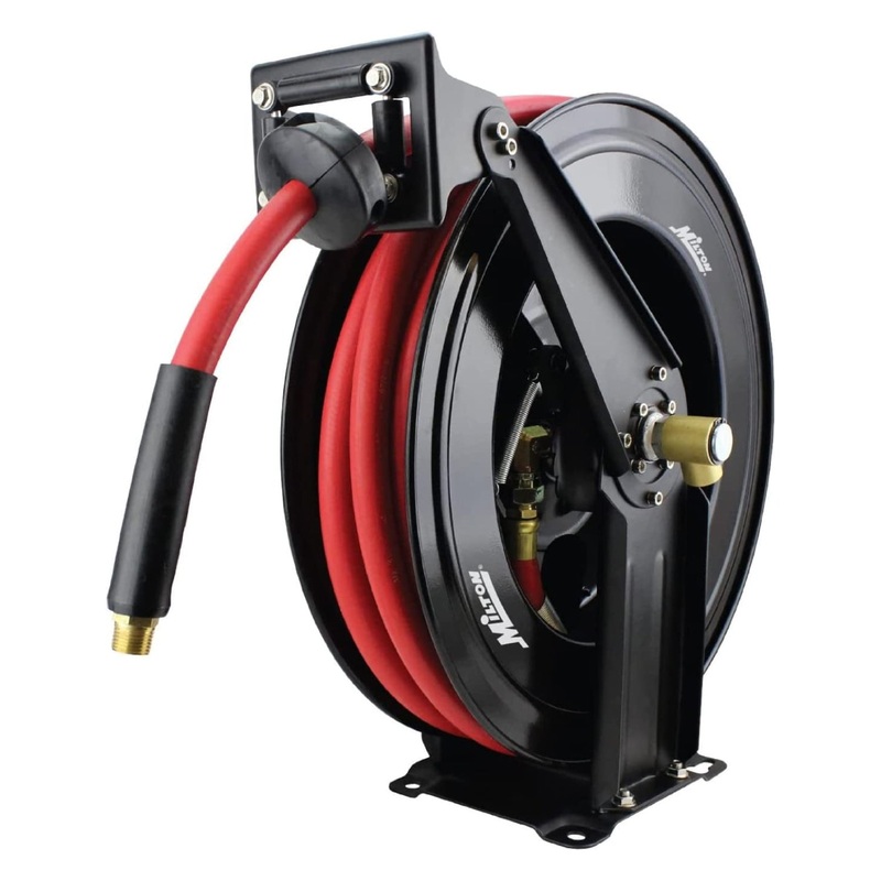 Steel Dual Arm Auto-Retractable Hose Reel, 1/2 x 50 ft. Rubber Hose – 300 Max PSI