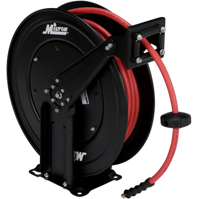 Steel Dual Arm Auto-Retractable Hose Reel, 3/8 x 50 ft. Rubber Hose – 300 Max PSI