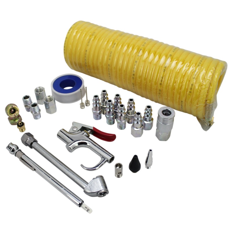 EXELAIR Recoil Hose and Air Accessory Kit – 25′ Recoil Hose, Blow Gun, 2 Chucks, Pencil Gauge, M-STYLE Couplers/Plugs, Safety Adapter, Nozzle Tips, Inflator Needle, Hex Nipples/Couplings, and Thread Tape – 150 Max PSI (25-Piece)