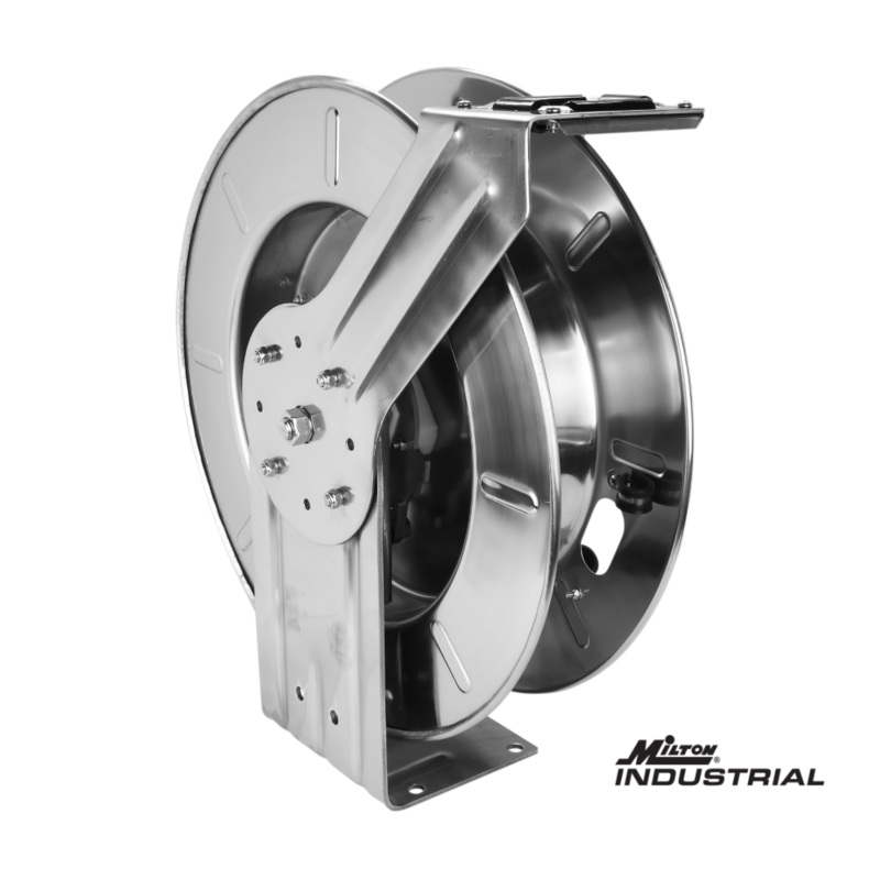Industrial Stainless Steel Hose Reel Retractable, 1/2 NPT, Hose Capacity 25′, 35′, and 50′, 300 PSI