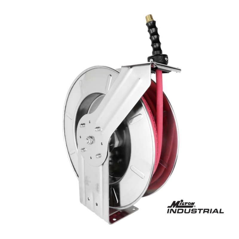 Industrial Stainless Steel Hose Reel Retractable, 3/8 ID x 25′ EPDM Hose w/ 1/4 NPT, 300 PSI