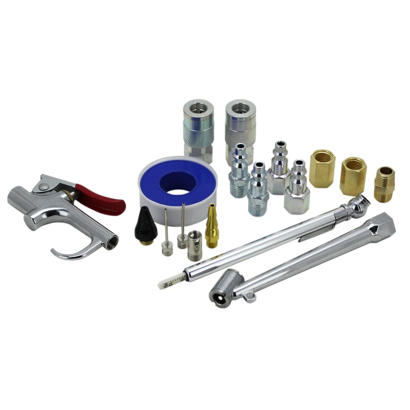 EXELAIR  Blow Gun and Air Accessory Kit – Safety Adapter, Nozzle Tips, Inflator Needles, Dual Head Chuck, Pencil Gauge, M-Style Couplers/Plugs, Hex Nipple/Couplings, and Thread Tape – 150 Max PSI (18-Piece)