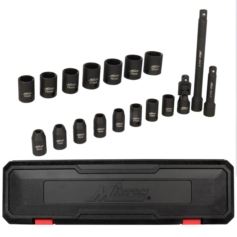1300-SS-01 3/8 Drive Shallow 6-Point Impact Socket Set, 6-20mm, Steel Coated Black Oxide Finish with Universal Joint & Extension Bars (18-Piece)