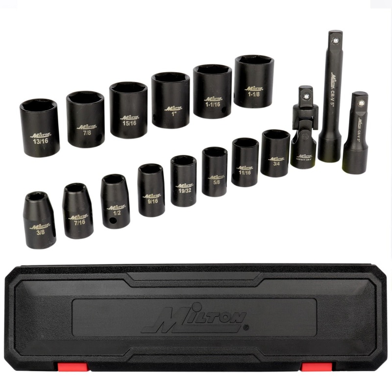 1300-SS-03 1/2 Drive Shallow 3/8-1-1/8 SAE Impact Socket Set w/Universal Joint & Extension Bars (17-Piece)