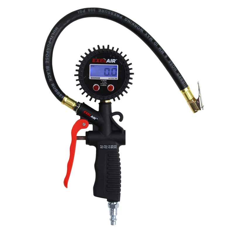 EXELAIR Digital Pistol Grip Tire Inflator/Deflator Gauge, 16 Air Hose and Easy-Clip Chuck