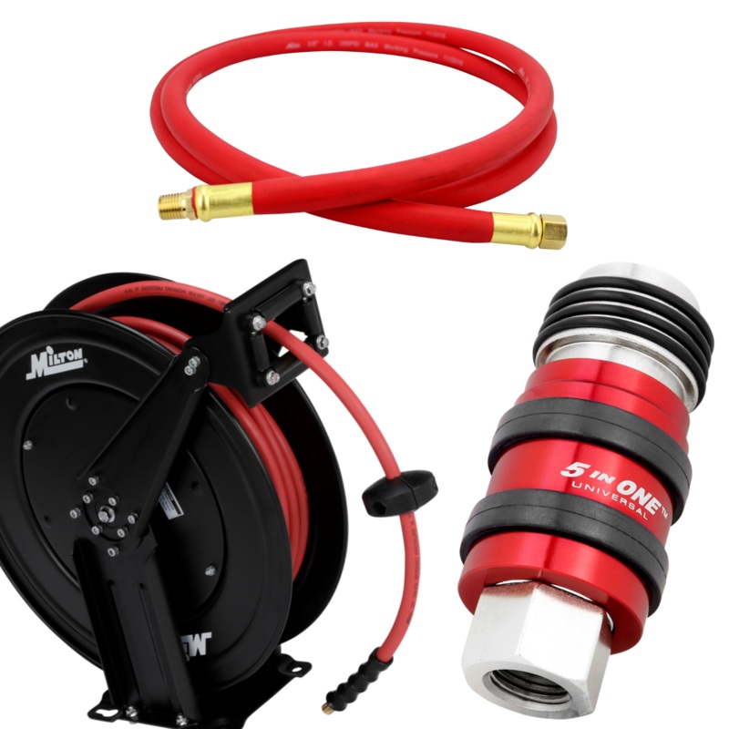 3/8 x 50ft EPDM Hose Reel, 3/8 x 6 ft Air Leader Rubber Hose, 1/4 NPT – 5 In ONE Universal Safety Exhaust Quick-Connect Industrial Coupler