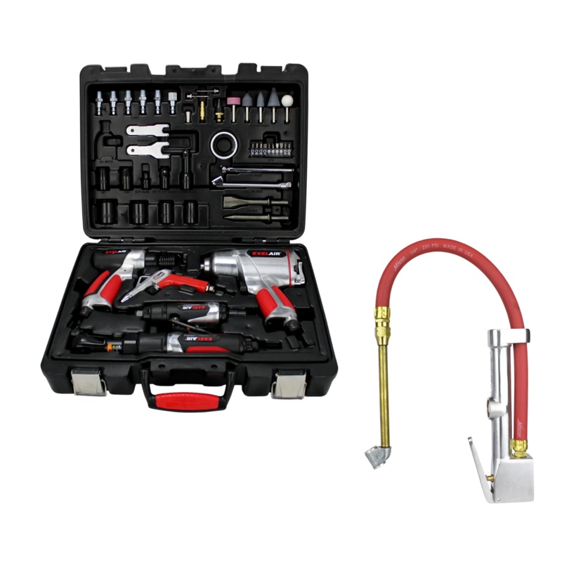 Air Tool & Inflator Combo – EXELAIR Pro 50-Piece Air Tool Kit + Dual Head Chuck Tire Inflator Gauge