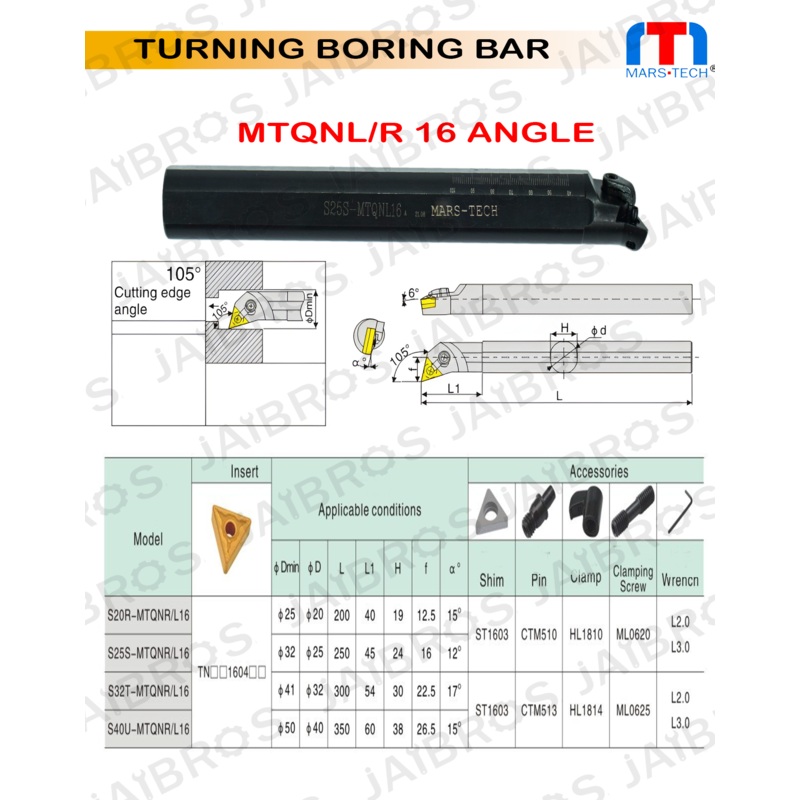 MTQNL/R TNMG1604 Boring Bar dia 16/20/25/32 pack of 1