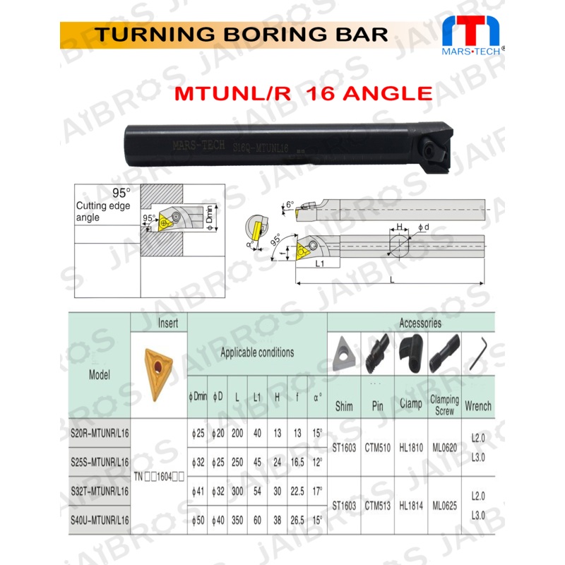 MTUNL/R TNMG1604 Boring Bar dia 16/20/25/32 pack of 1