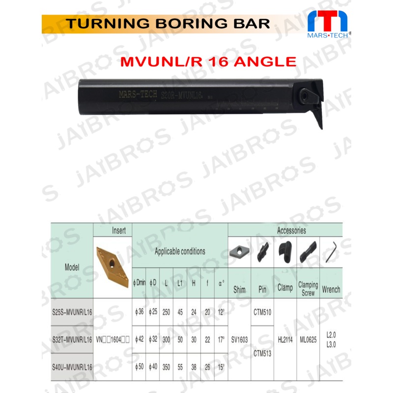 MVUNL/R VNMG1604 U angel Boring Bar dia 20/25/32 pack of 1