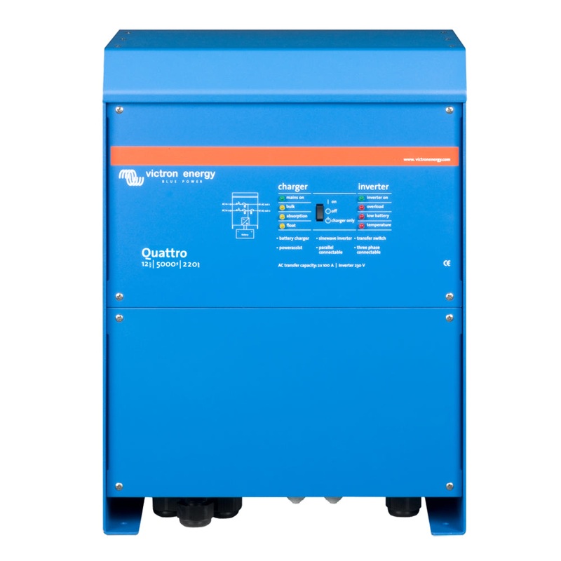 Victron Quattro Inverter/Charger 12 VDC – 5000W -Dual 100AMP 120VAC Inputs – Auto Transfer Switch – 200AMP Battery Charger – Stackable [QUA125021100]