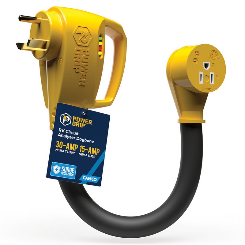 Camco Power Grip RV 12 30Amp Circuit Analyzer Dogbone – Integrated Surge Protection [55461]